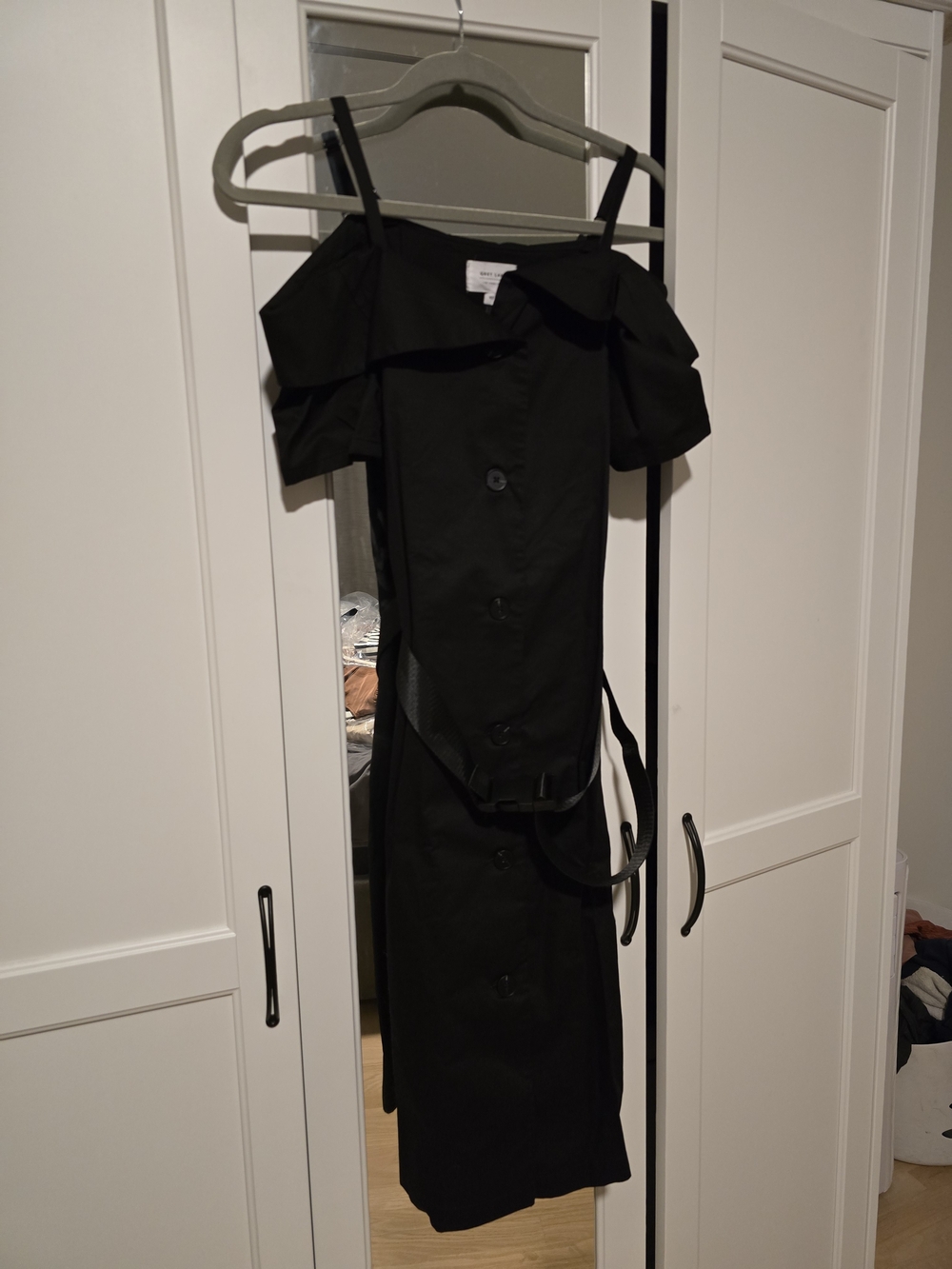 Anthropologie GREY LAB Black Off-Shoulder Button-Front Belted Midi Dress XS NWT